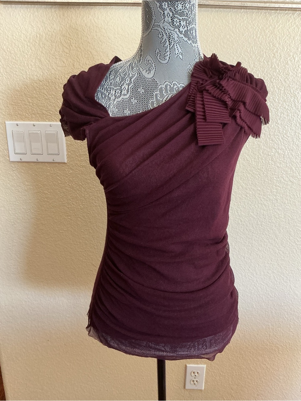 Anthropologie Deletta Burgundy Asymmetrical Off The Shoulder Mesh Top